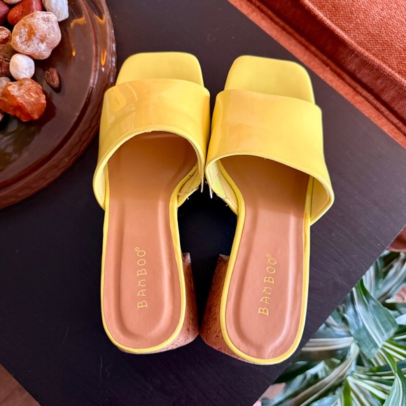 Neon Yellow Cork Platform Mule Heels - Picture 4 of 5